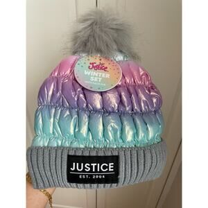 NWT Justice Girls Pink Ombré Metallic Puffer Beanie Knit Hat Purple Teal Gray